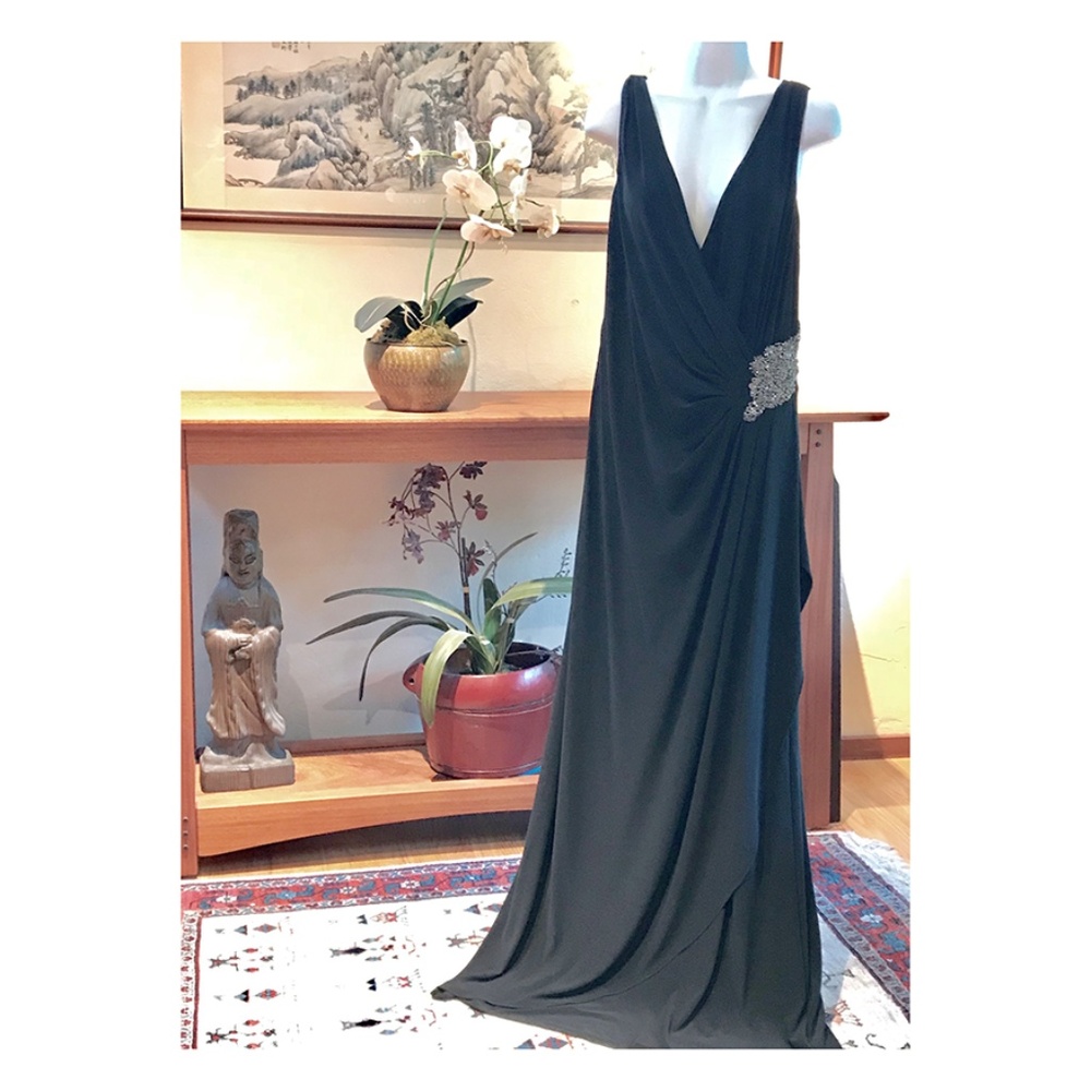 David Meister black jersey embellished gown